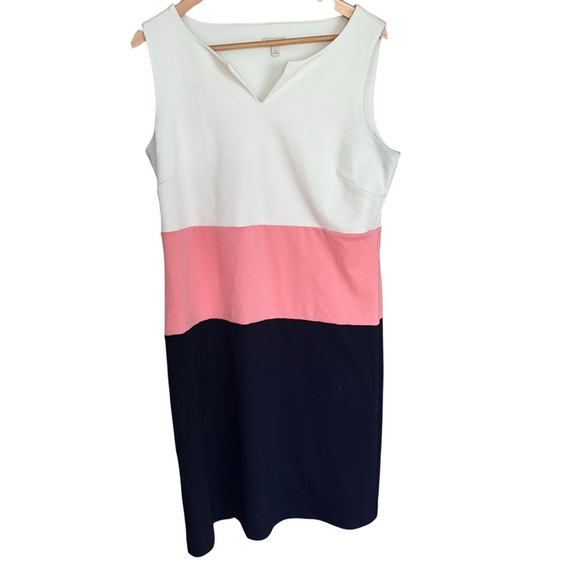 TALBOTS DRESS~10~WHITE PINK NAVY COLOR BLOCK~SLEEVELESS~KNEE LENGTH~KNIT~V NECK - Picture 1 of 9